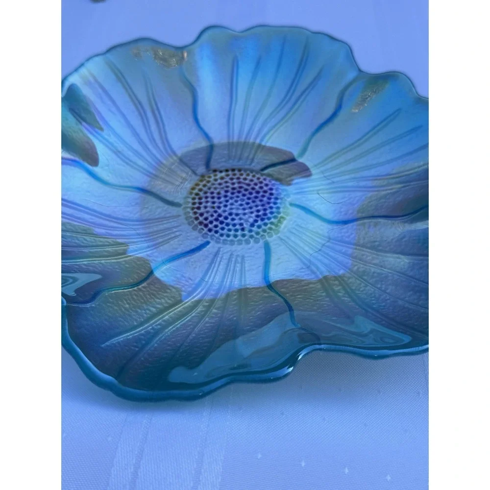 VTG Iridescent Art Glass Flower Bowl‎ | Teal Metallic Petal Dish | 8